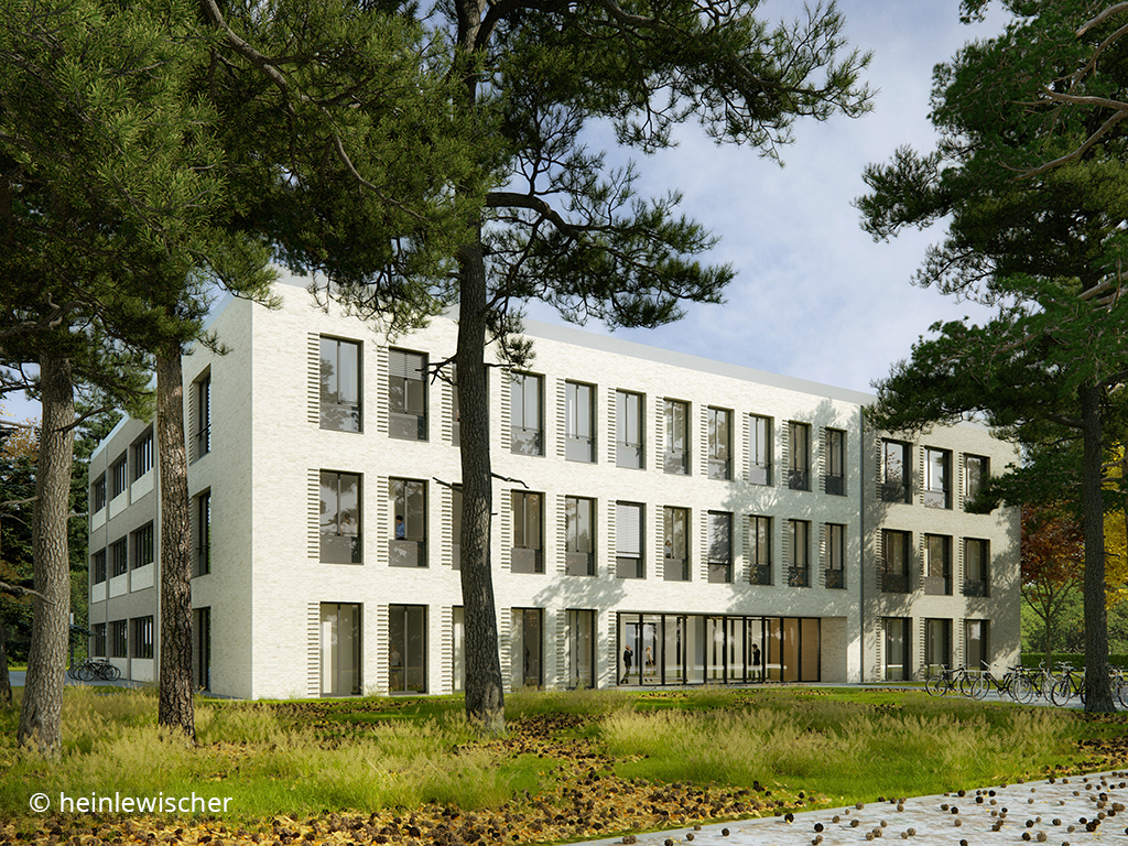 Visualisierung eines dreigeschossigen Neubaus mit heller Fassade. Um da Gebäude steht beispielhaft Altbaumbestand.