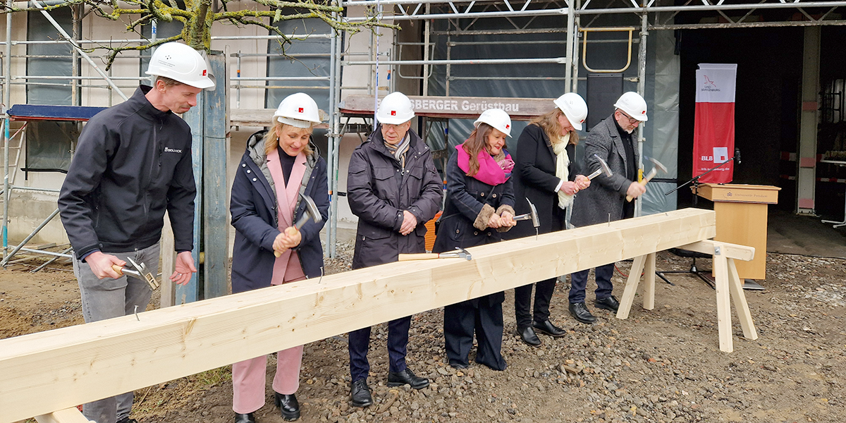 Personen stehen hinter einem Holzbalken und halten Hämmer in der Hand. Sie tragen einen Bauhelm und schlagen Nägel in das Holz.