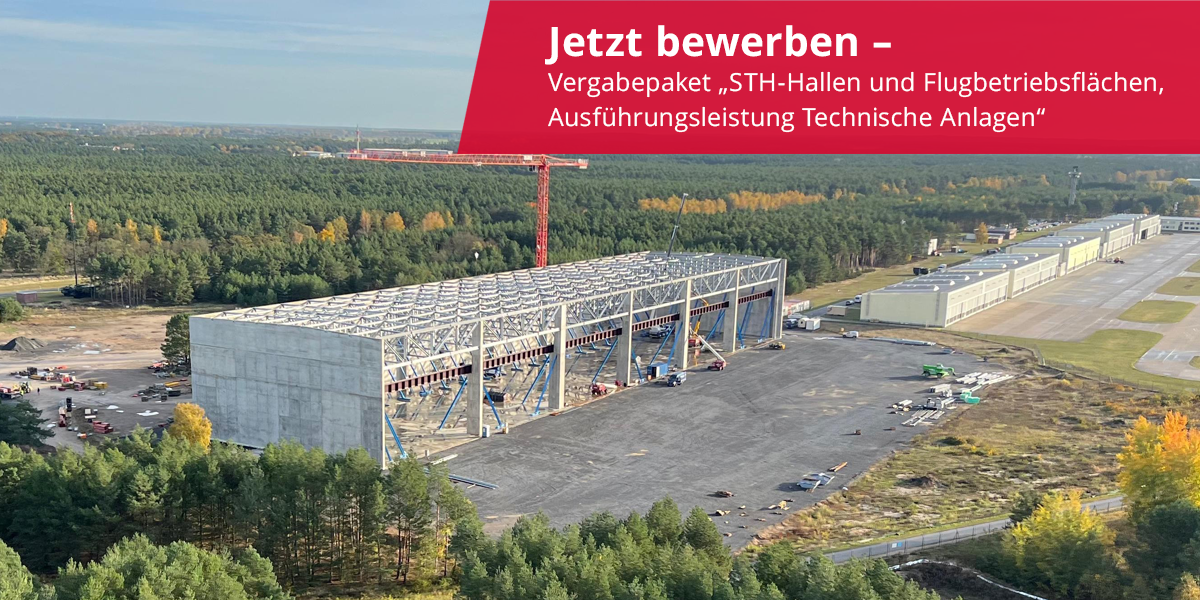 Luftbild eines Flugplatzes. Darauf eine Visualisierung der Hallen.