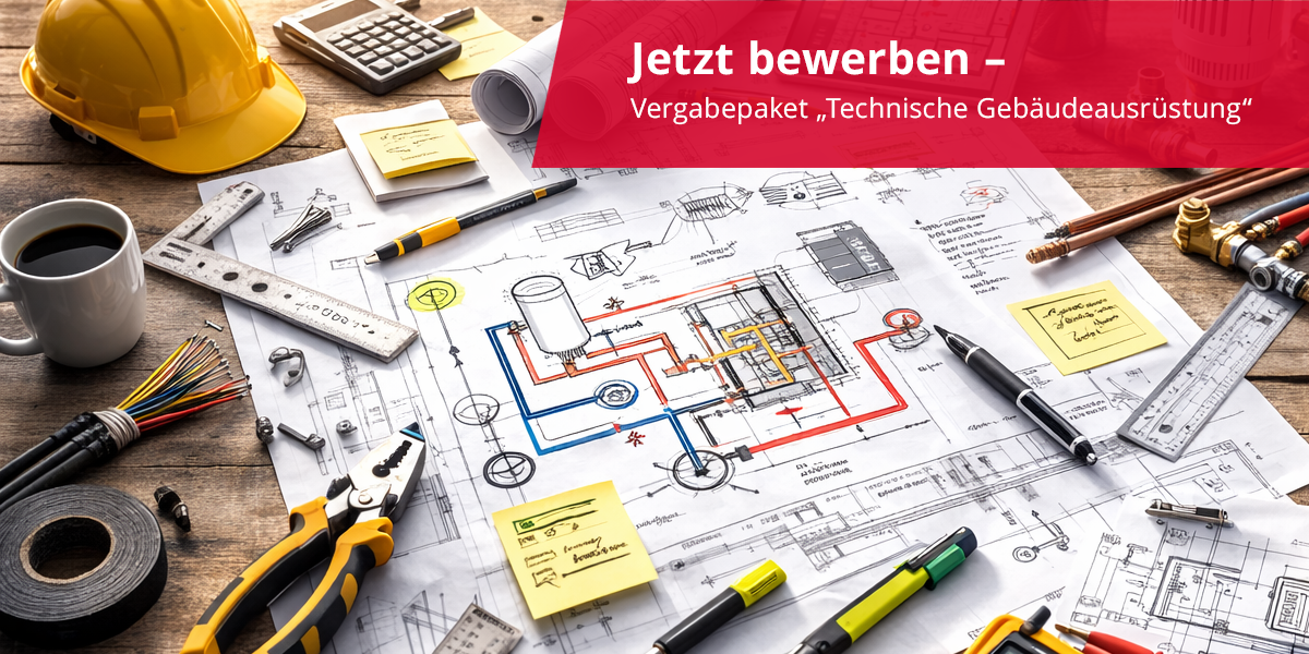 Ki-generiertes Bild mit Grundrissen, Bauplänen, Utensilien und Bauhelm.