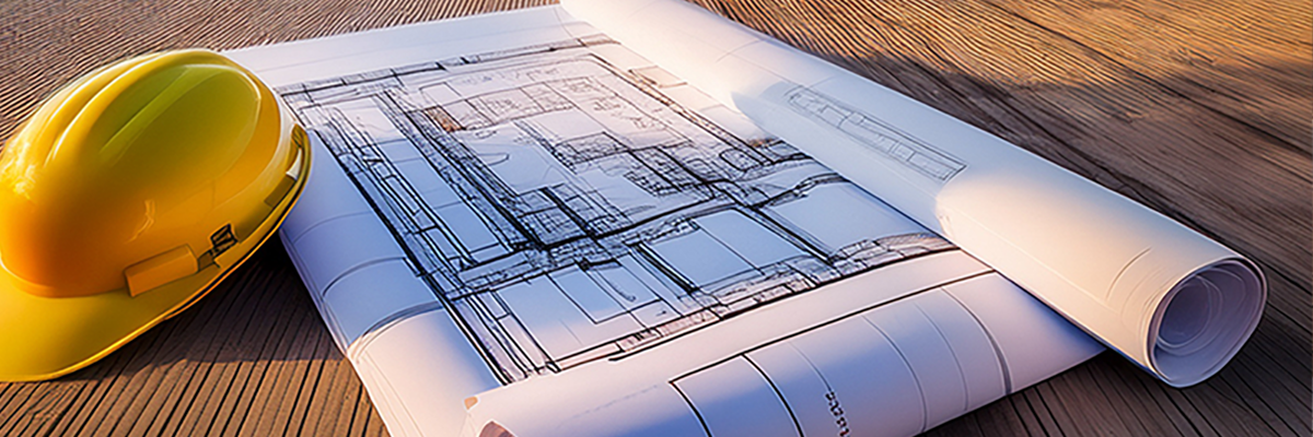 Bild: KI-generiertes Bild. Baustellensituation auf einem Dach. Im Vordergrund liegt ein Grundriss, darauf ein gelber Bauhelm. Im Hintergrund ist unscharf ein Kran.