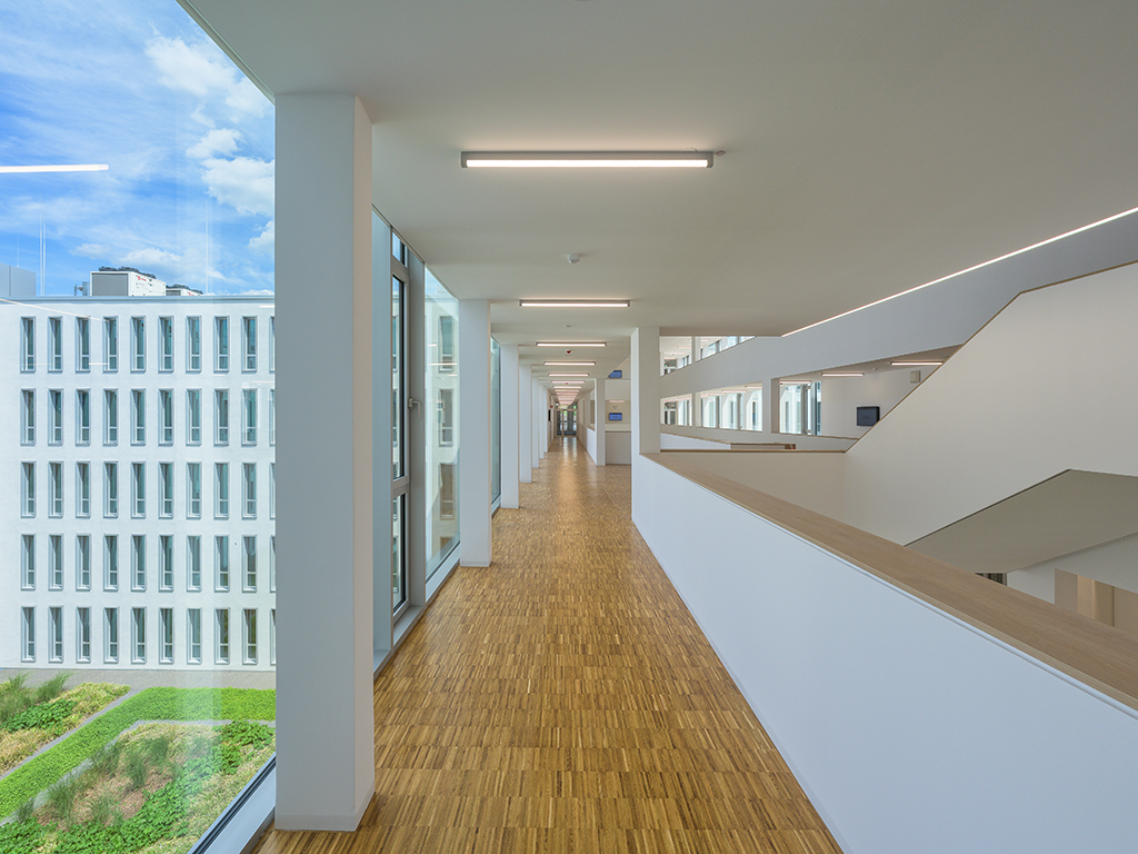 Bild: Blickachse in einen Flur mit Glasfront zur linken Seite. Die Aussicht führt in den Innenhof. Der Boden ist aus Holzparkett.
