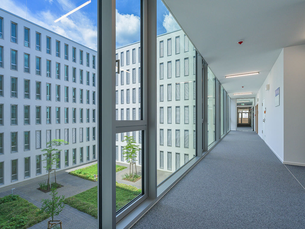 Bild: Blickachse in einen Flur mit Glasfront zur linken Seite. Die Aussicht führt in den Innenhof. Der Boden hat einen grauen Teppich.