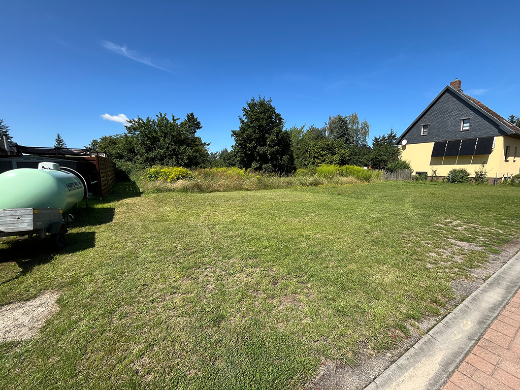 Blick auf eine Rasenfläche. Links steht ein grüner Tank. Rechts hinten ein Haus.