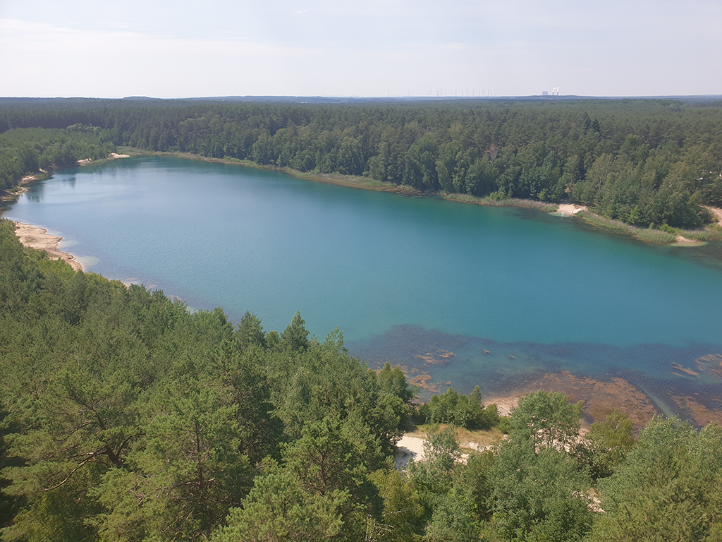 Vogelperspektive auf einen blauen See. Er ist umgeben von einem dichten Wald.