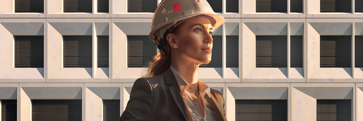 Frau mit Helm beim Sonnenuntergang auf einer Baustelle