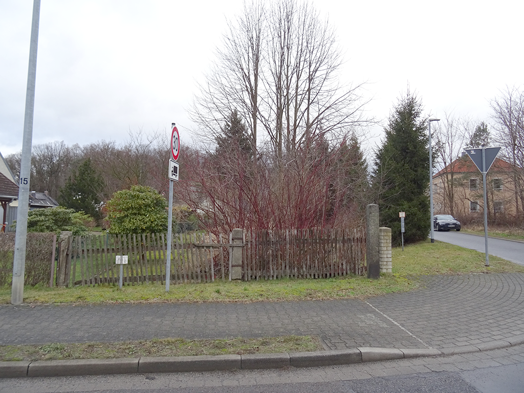 Straßenansicht eines leeren aber bewilderten Grundstücks. Es ist ein Eckgrundstück.
